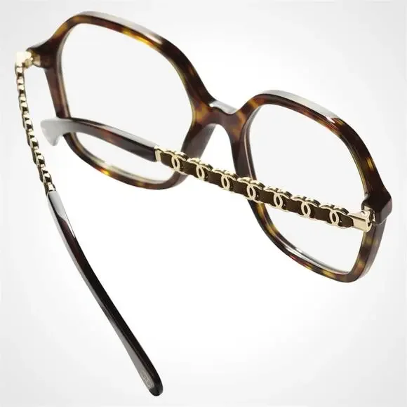 New CHANEL Eyeglasses Brown Tortoise Acetate Leather Arms 53mm Rx-able - Picture 4 of 5